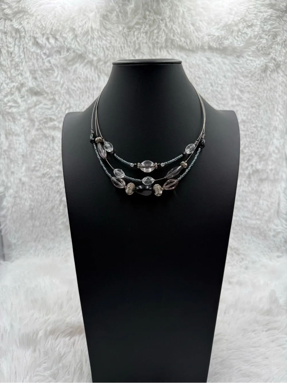 Layered Black and Gray Beaded Multi-Strand Statement Necklace Silver Tones